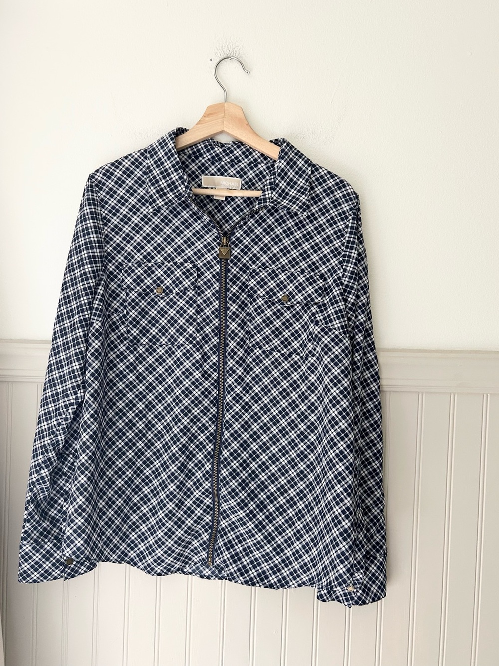 MICHAEL Michael Kors Navy White Plaid Zip Front Shirt Jacket Layering Top Large